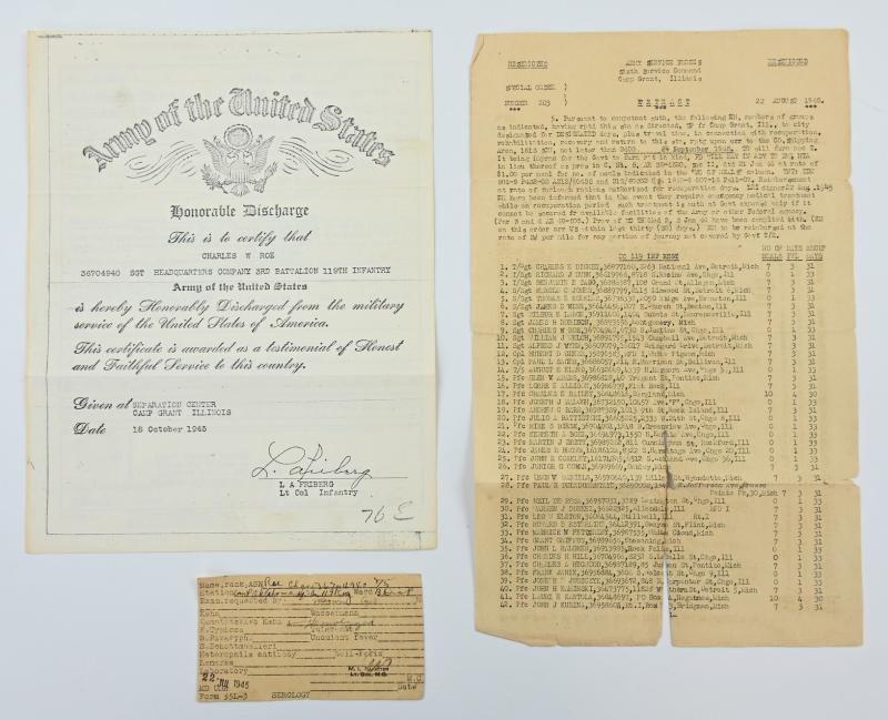 US WW2 Documents Charles A Roe 119th I.R.
