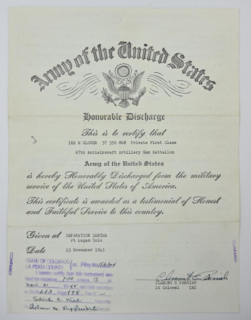 US WW2 HD papers Ike M Glover '67th AAA Gun Battalion'