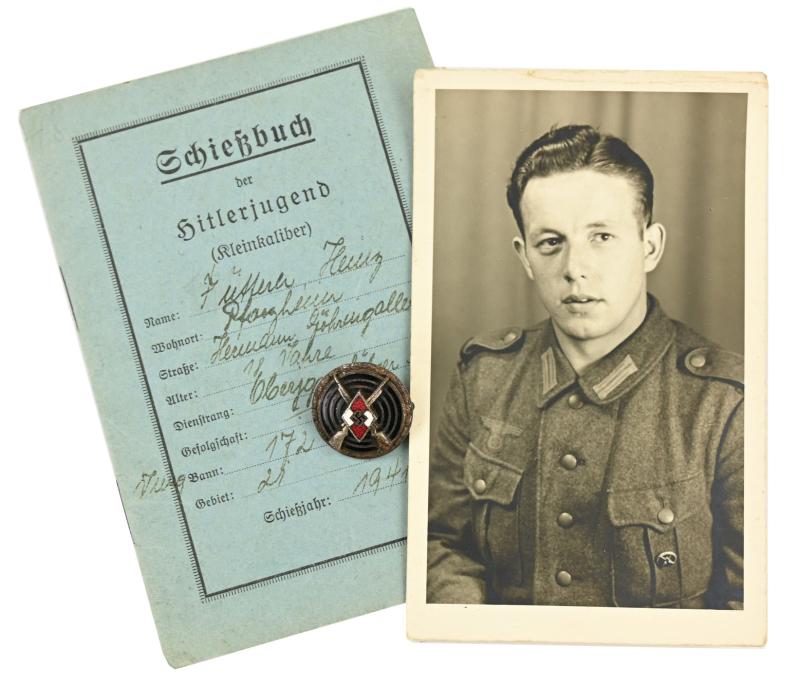 German Hitler Youth Shooting Badge with Portrait Picture and Shooting Booklet.