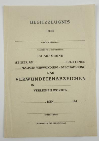 German WH Un-issued Wounded Badge Award Document