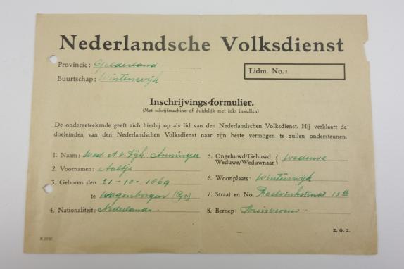 Dutch registration form of the Dutch “Volksdienst’