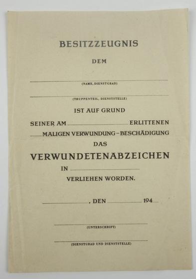 German WH Un-issued Wounded Badge Award Certificate