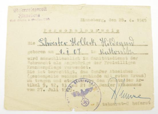 German WH Medic Memberships Card 1945