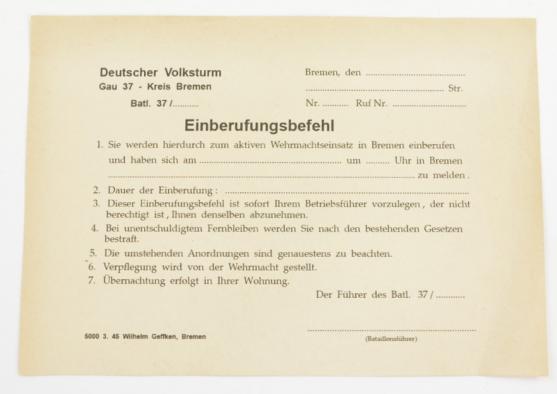 German Volksturm Battalion 37 Call Command Paper