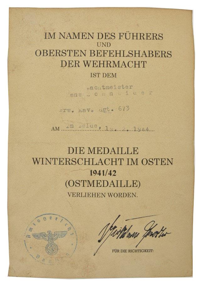 German Eastern Front Medal Certificate