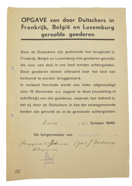 Dutch Announcement Leaflet 'Stolen Goods'