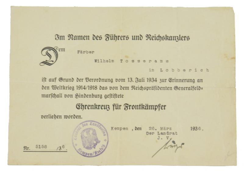 German Hindenburg Cross Certificate