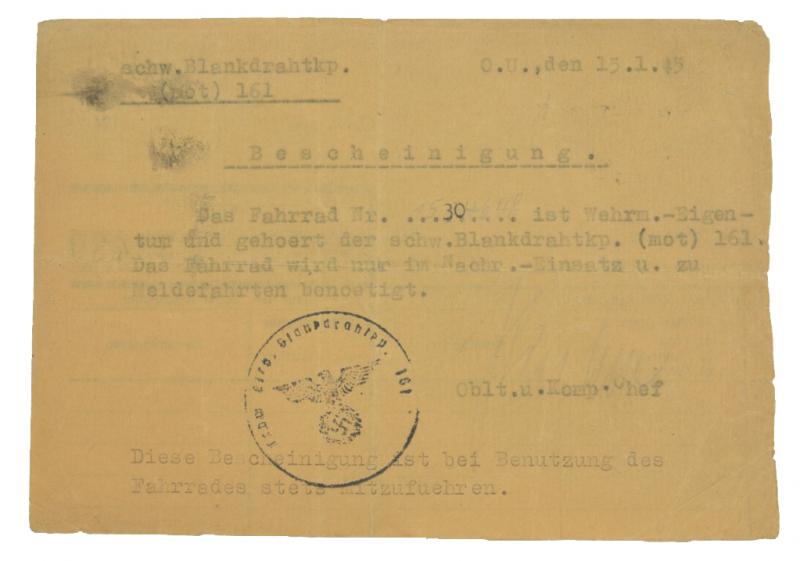 German WH Bicycle Papers 'Schweren Blankdraht-Kompanie 161'