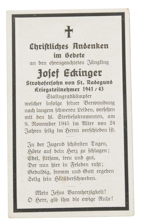 German WH Deathcard 'Josef Eckinger' Stalingrad