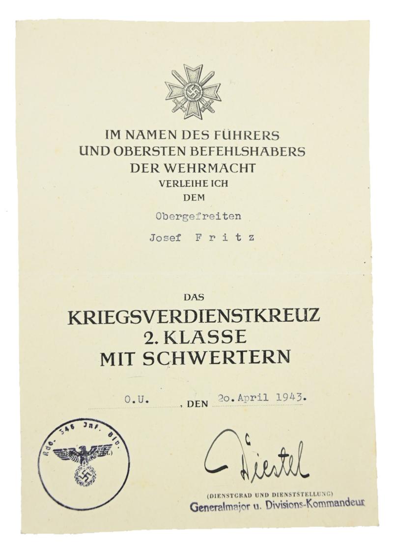 German War Merit Cross 2nd Class with Swords Certificate