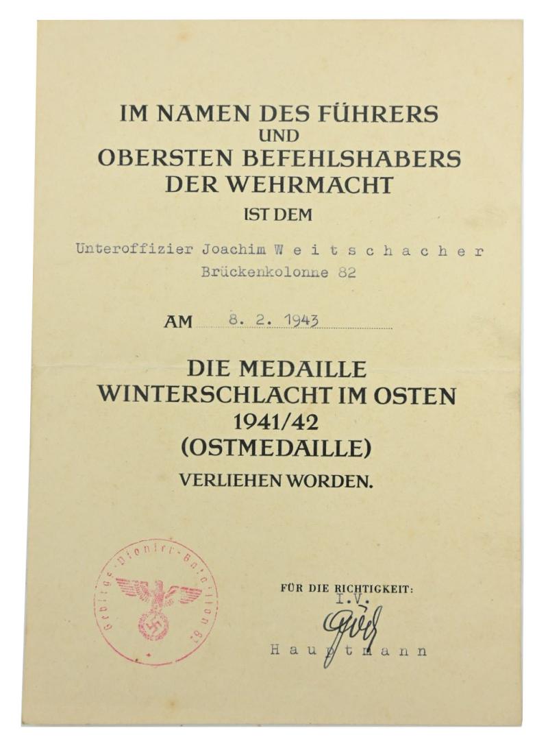 German Eastern Front Medal Certificate