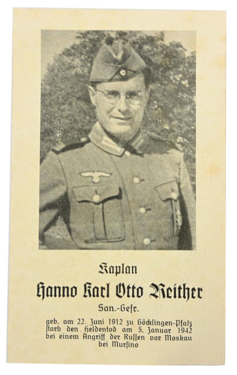 German WH Deathcard 'Chaplain Hanno Karl Otto Reither'