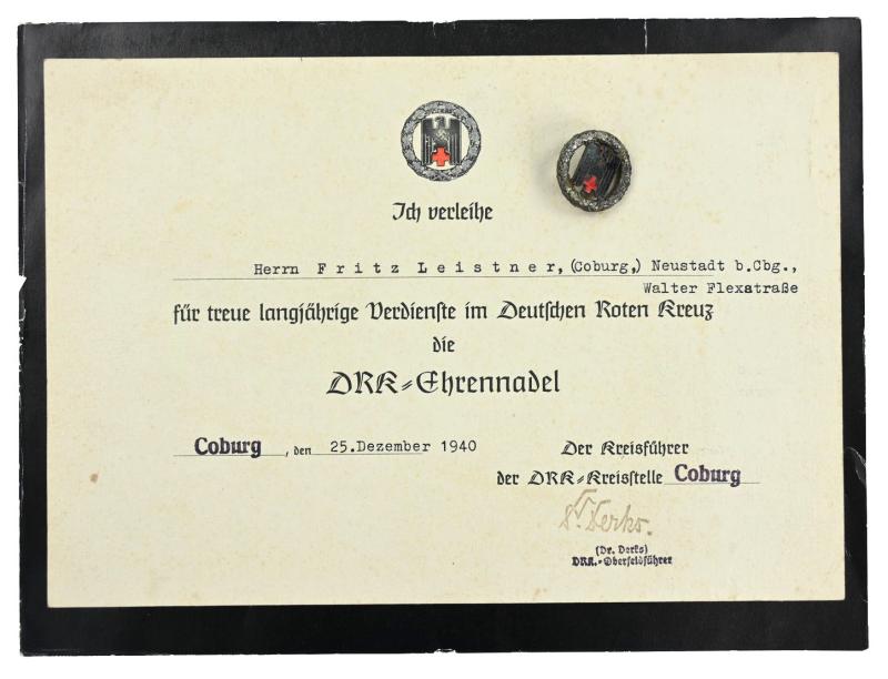 German DRK 'Ehrennadel' badge & certificate