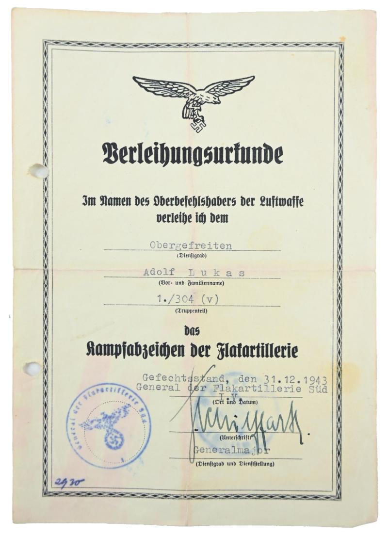 German LW Flak War Badge Certificate