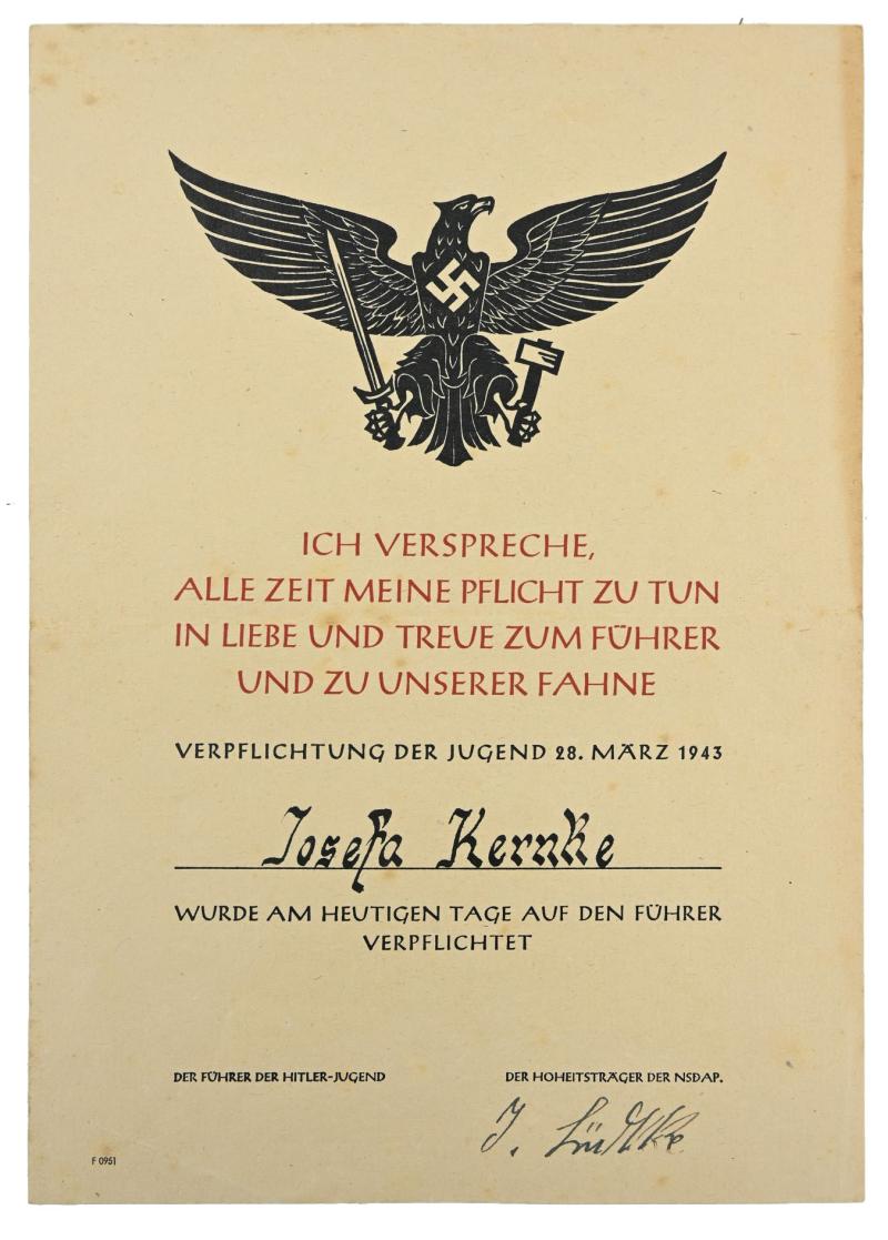German Hitler Youth Oath Certificate