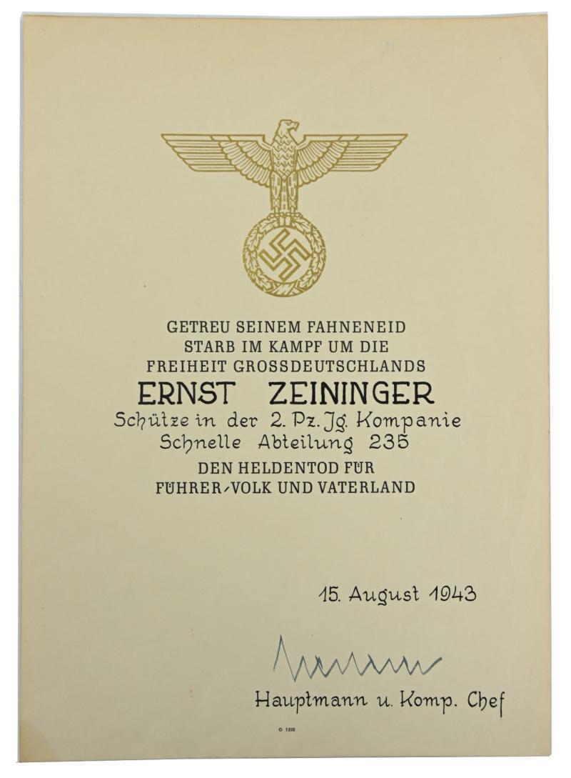 German Third Reich Death Certificate 'Ernst Zeininger'