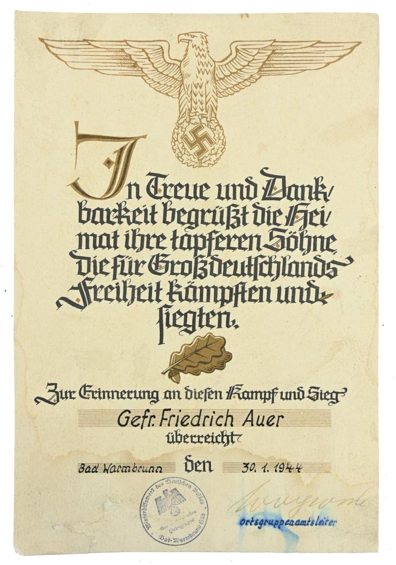 German WH Death Certificate 'Gefr. Friedrich Auer'