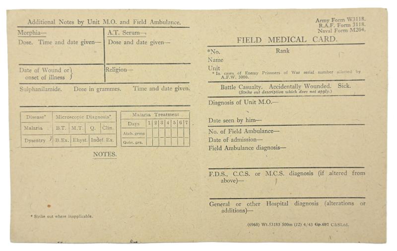 British WW2 Field Medical Card