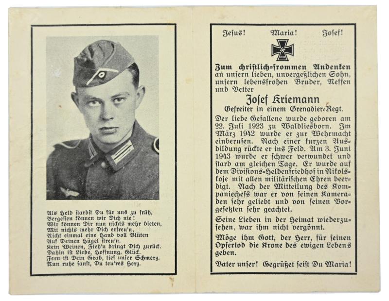 German WW2 Deathcard 'Josef Kriemann'