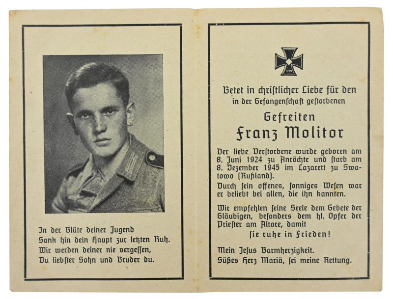German WW2 Deathcard 'Franz Molitor'
