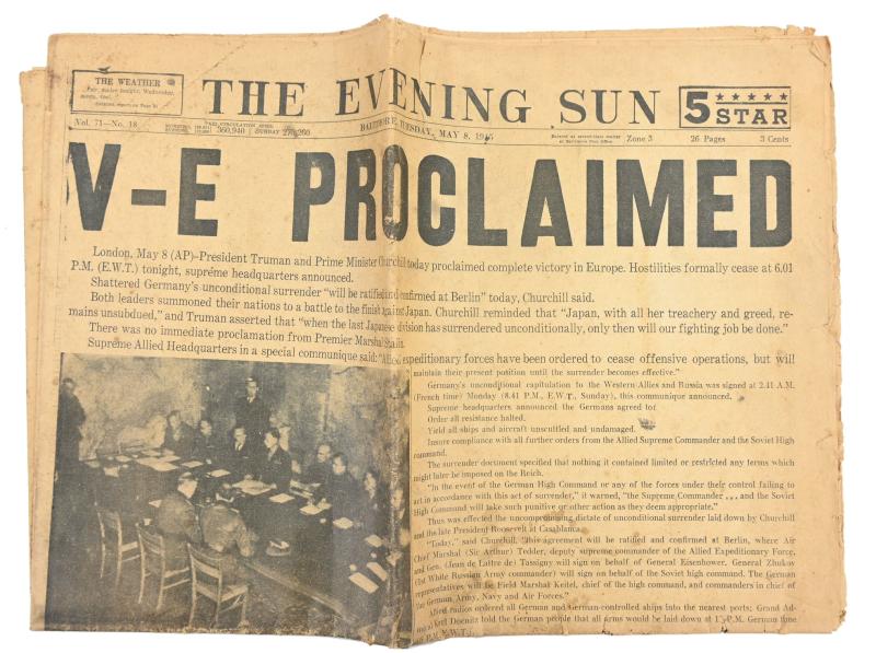 US WW2 'The Evening Sun' Newspaper 8 May 1945