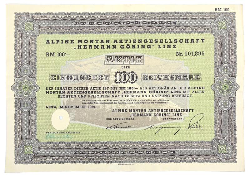 German Third Reich Certificate Alpine Montan AG 