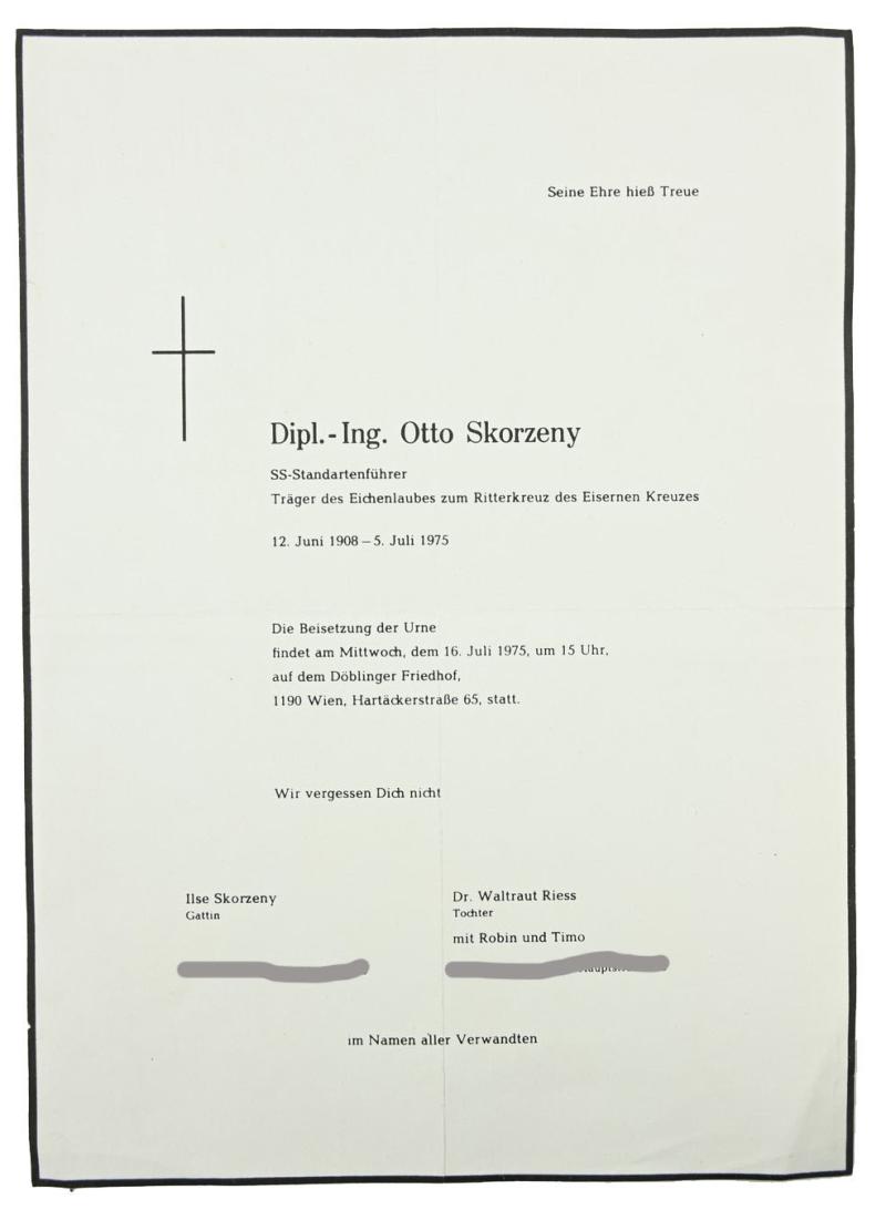 German Waffen-SS Standartenführer Dipl. Ing. Otto Skorzeny Death Notice