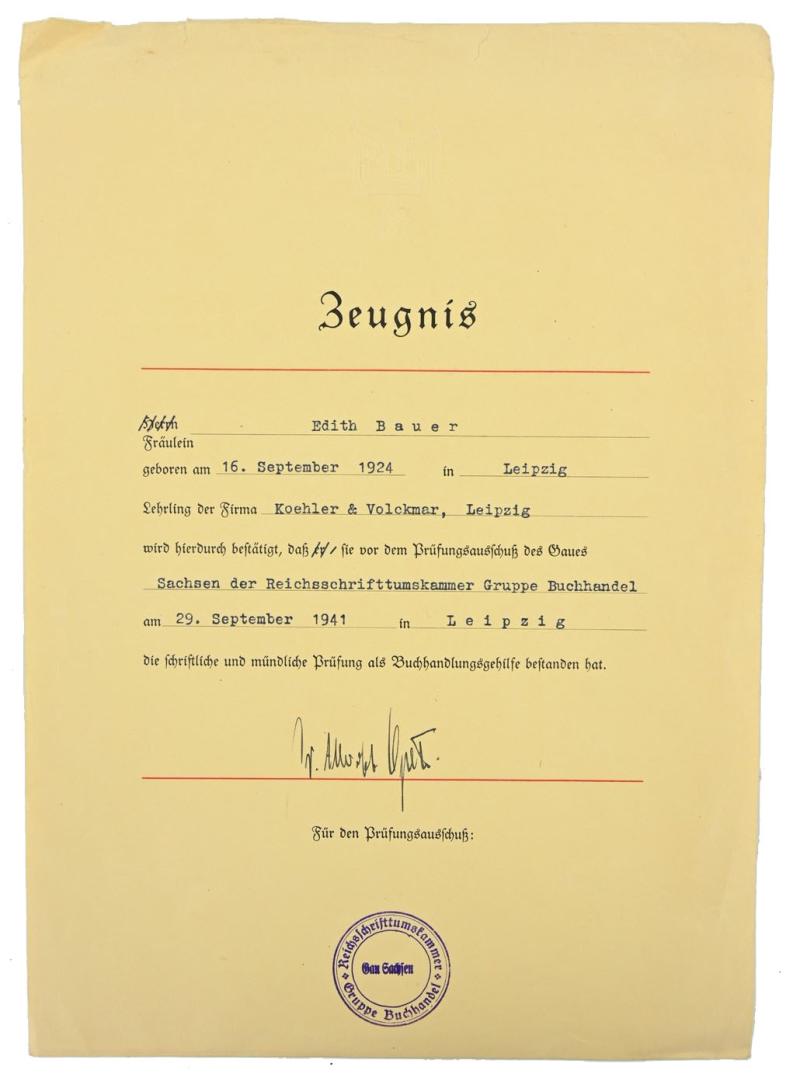 German RKK Certificate 'Edith Bauer'