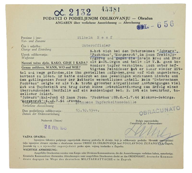 Croatian/German WW2 Bronze Bravery Medal Certificate 'Wilhelm Neef'