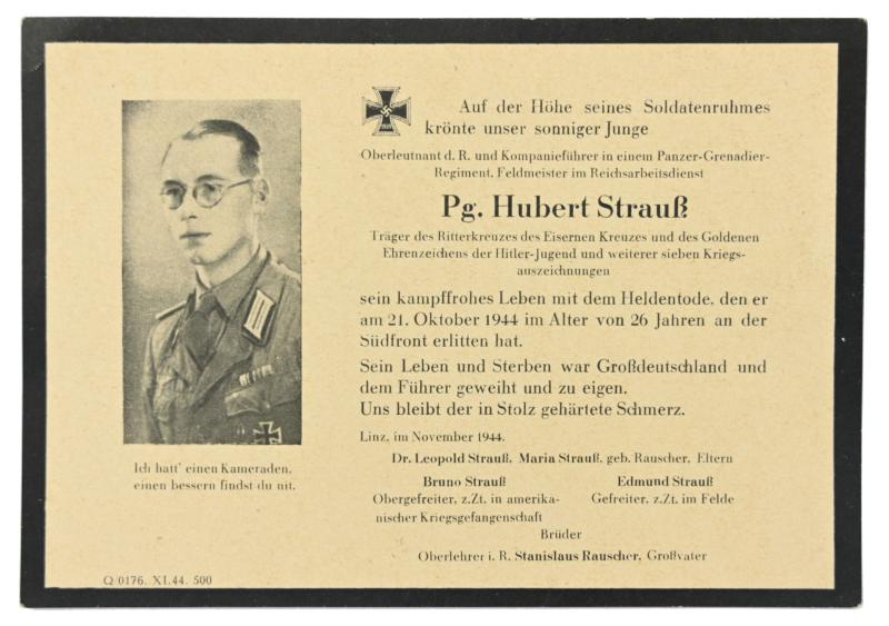 German Deathcard 'Panzer Grenadier Hubert Strauss, Knight's Cross Recipeint