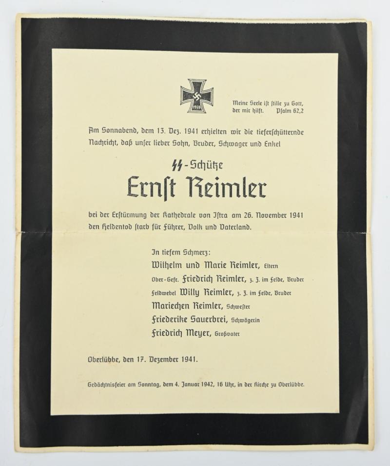 German Waffen-SS Deathcard 'Ernst Reimler'