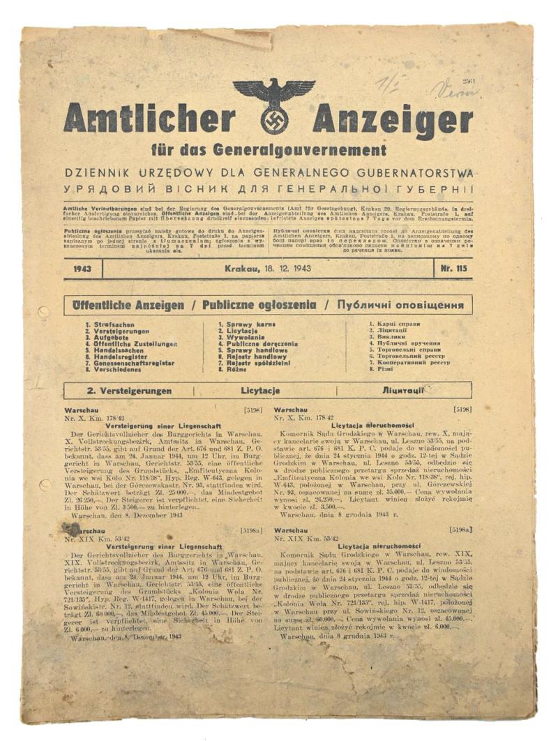 German Generalgoverment Newspaper 'Amtlicher Anzeiger'