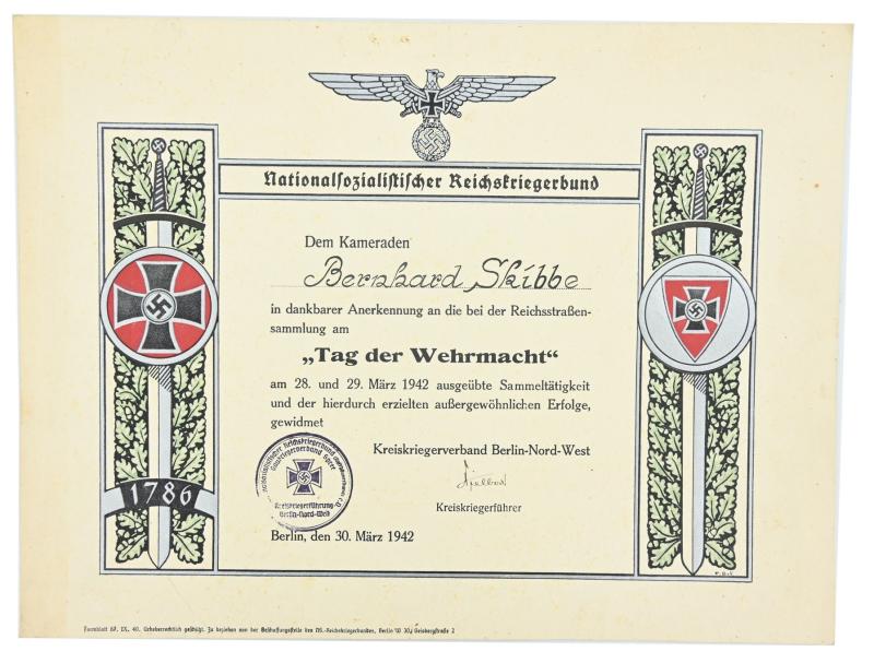 German NSKOV Certificate 'Bernhard Skibbe'