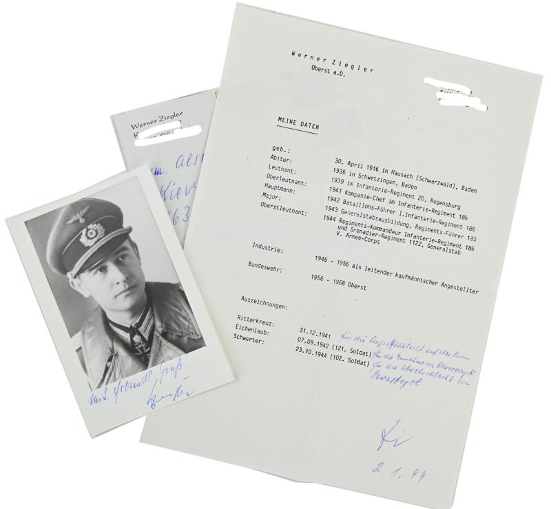 Signature of Wehrmacht Heer KC-OLC &S Recipient 'Werner Ziegler'