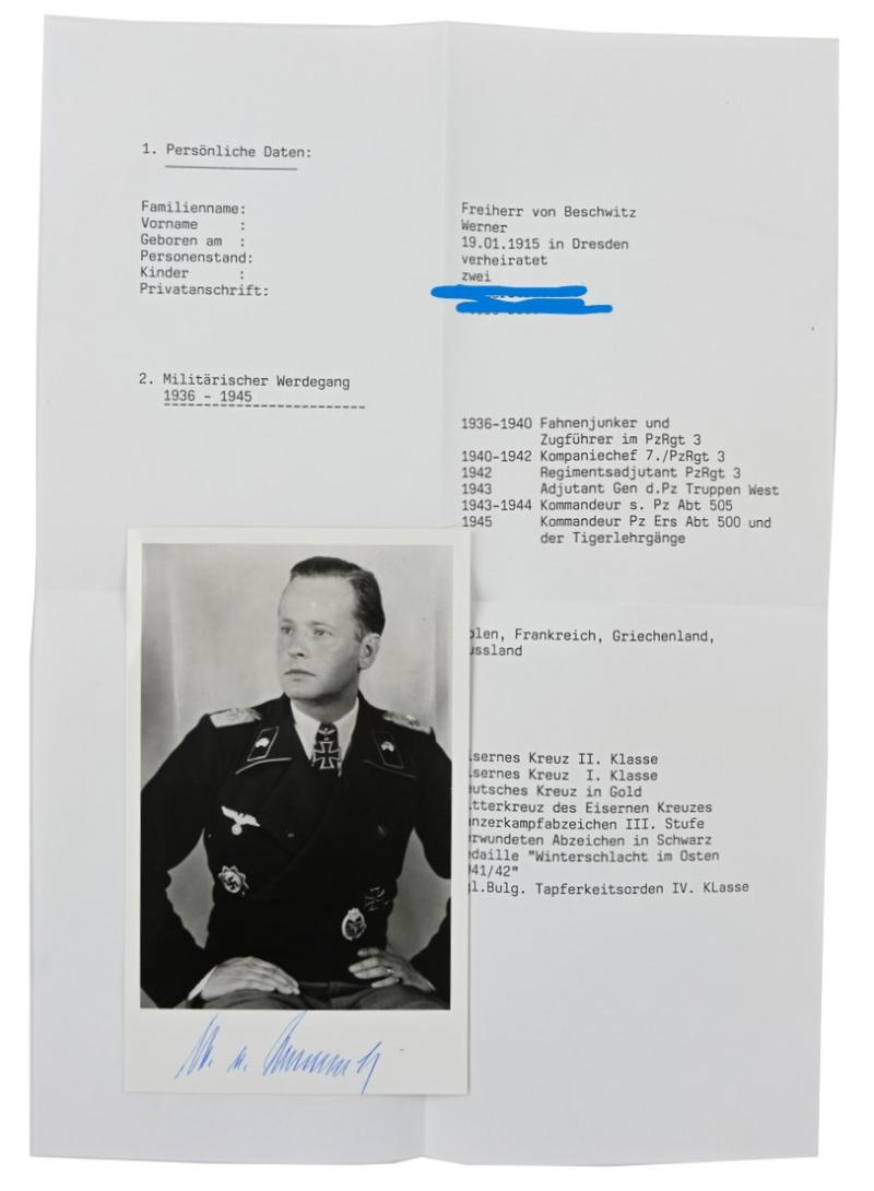 Signature of Wehrmacht (Heer) KC Recipient 'Werner Freiherr von Beschwitz'