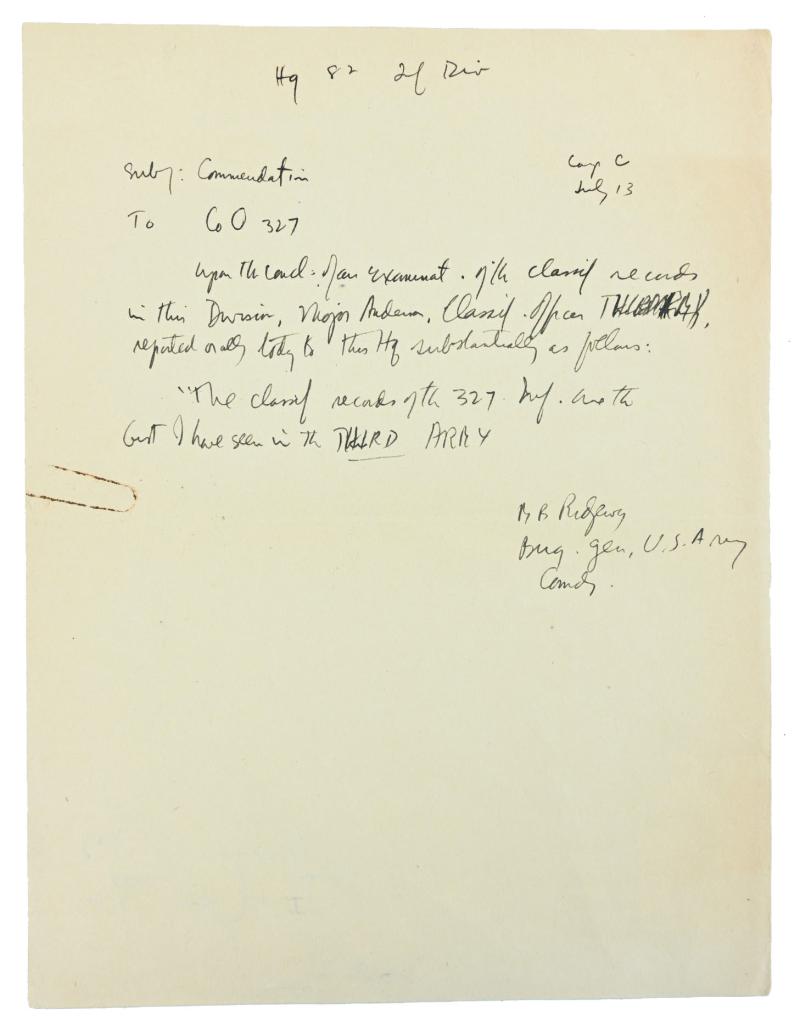 US WW2 Handwritten Order by Brigadier General Ridgway