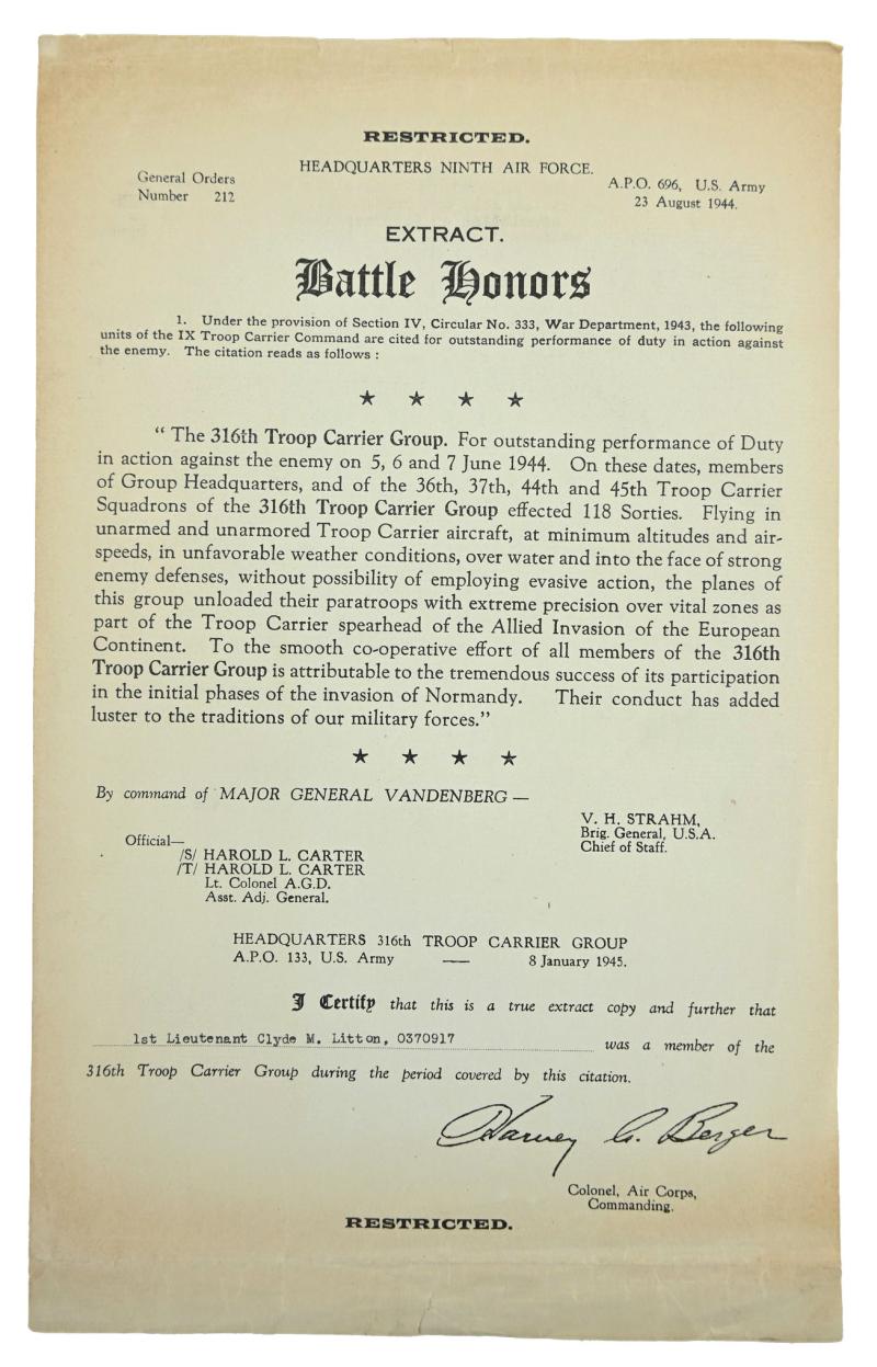 US WW2 D-Day Battle Honours '316th Troop Carrier Group'