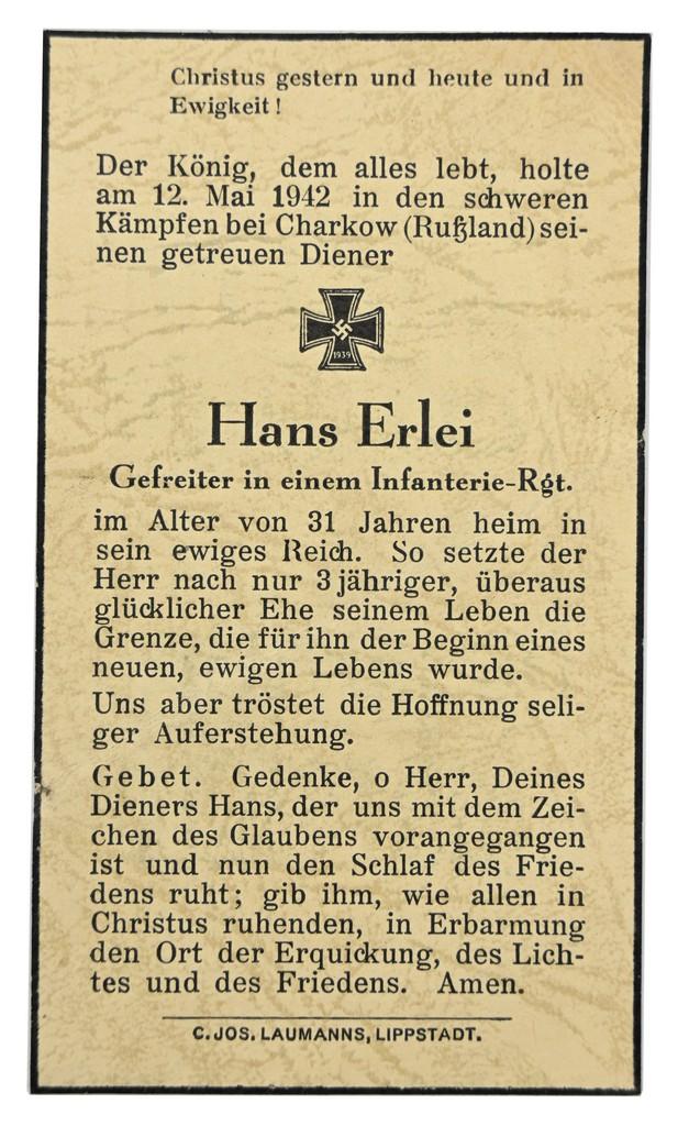 German WH Deathcard 'Hans Erlei'