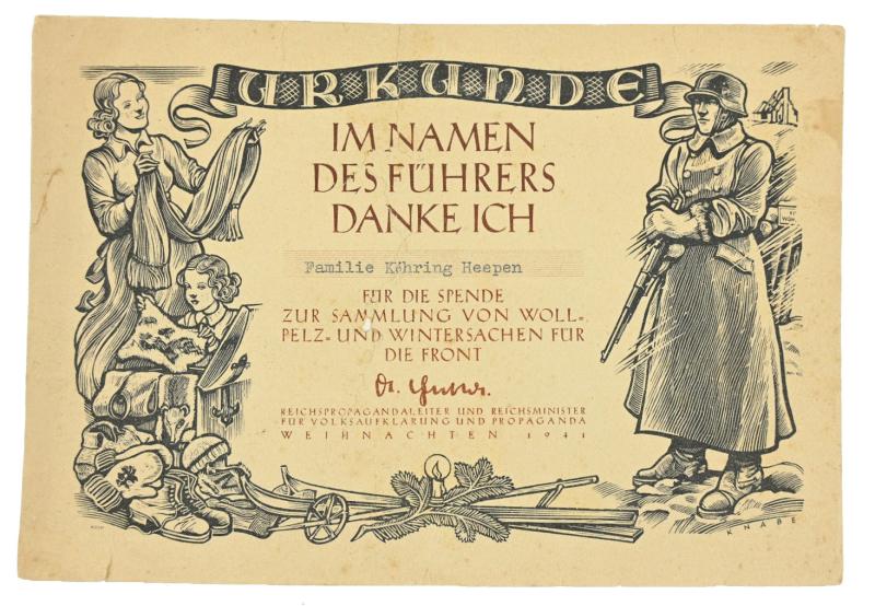 German Third Reich Front Collection Certificate