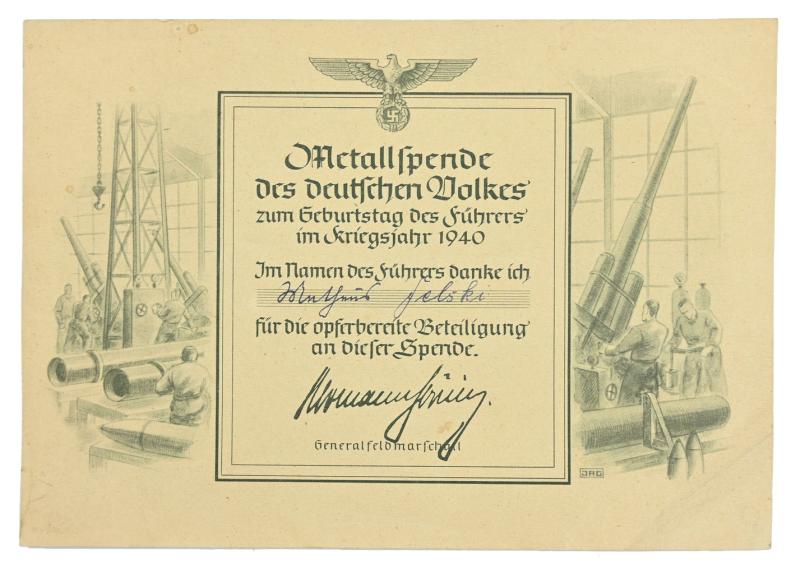 German Third Reich Metall Collection Certificate