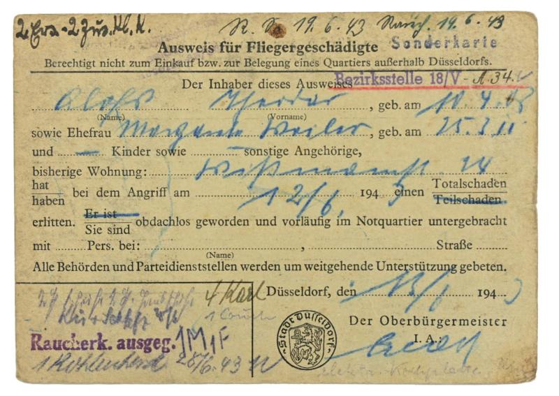 German Third Reich I.D. Card 'Fliegergeschädigte'