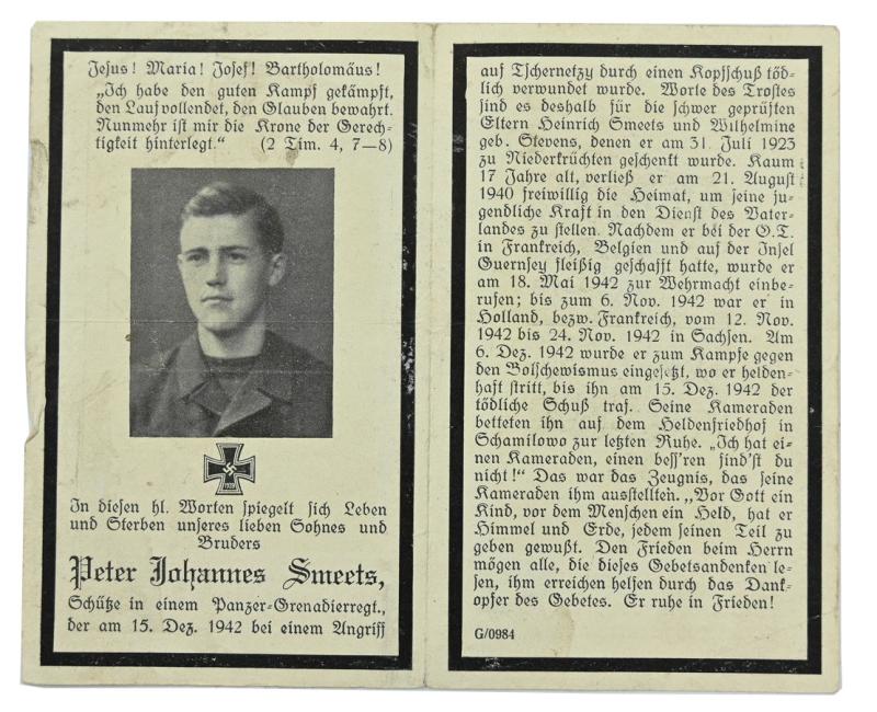 German WH Panzergrenadier Deathcard 'Peter Smeets'