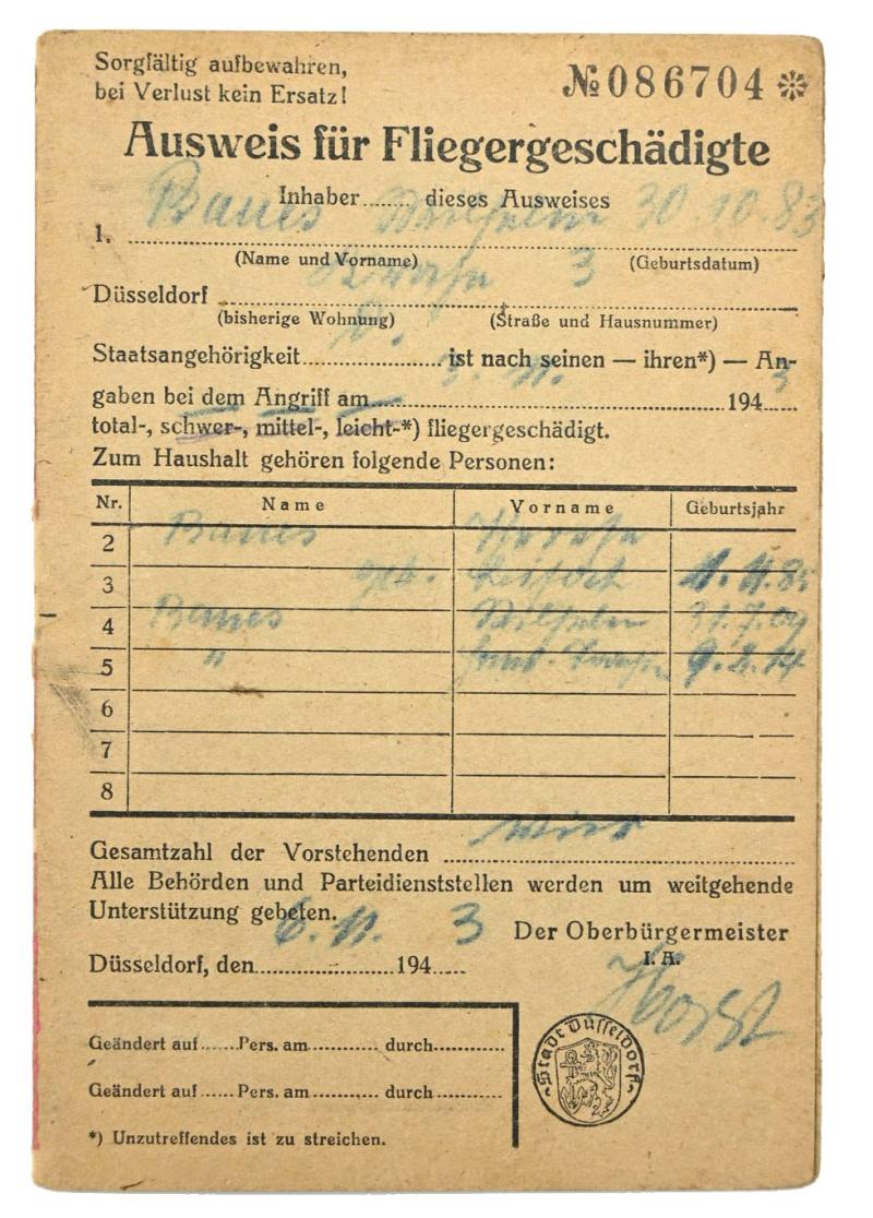 German Third Reich I.D. Card 'Fliegergeschädigte'