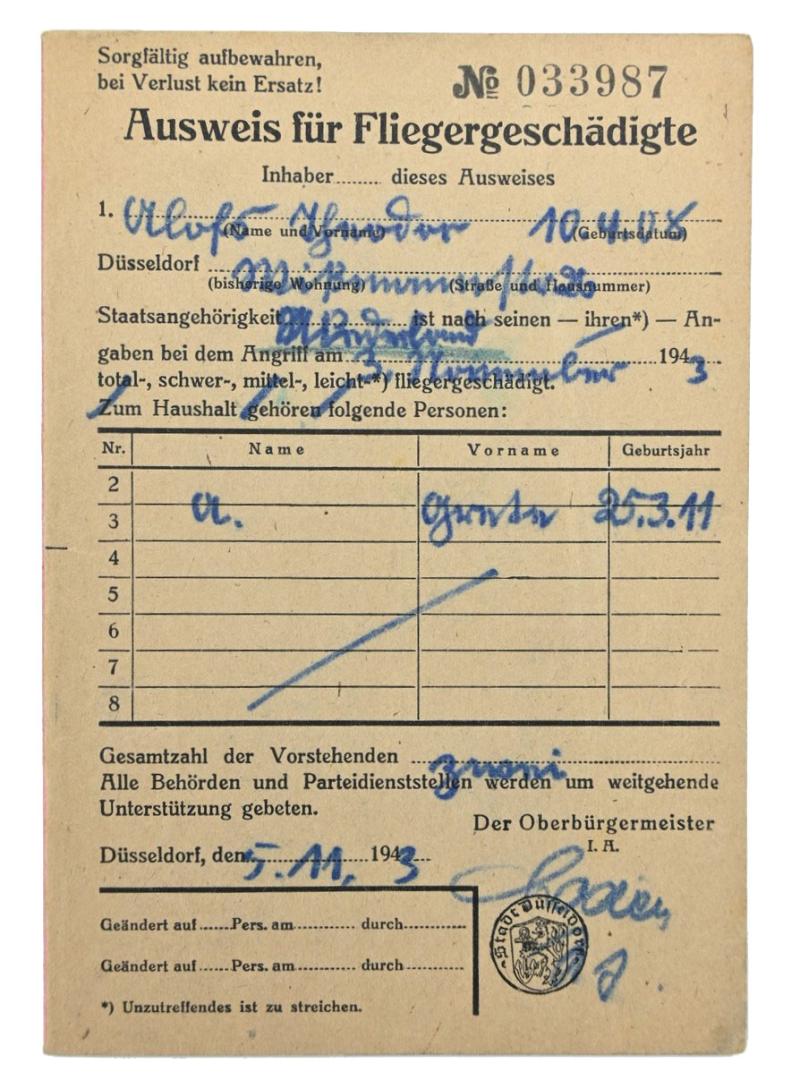 German Third Reich I.D. Card 'Fliegergeschädigte'