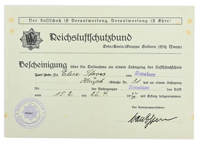 German Third Reich Luftschutz Certificate