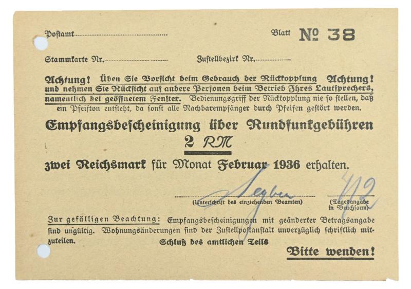 German Third Reich Period Certificate of receipt for broadcasting fee