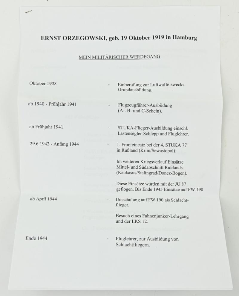 Signature of Luftwaffe KC Recipient 'Ernst Orzegowski'