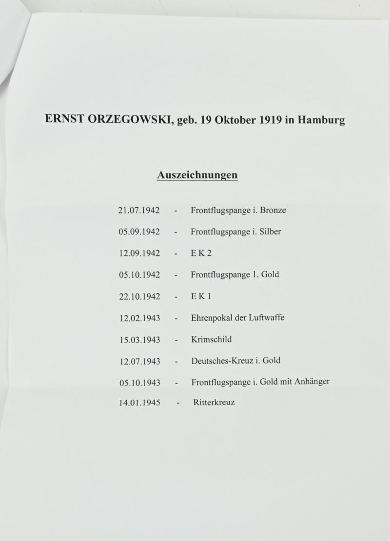 Signature of Luftwaffe KC Recipient 'Ernst Orzegowski'