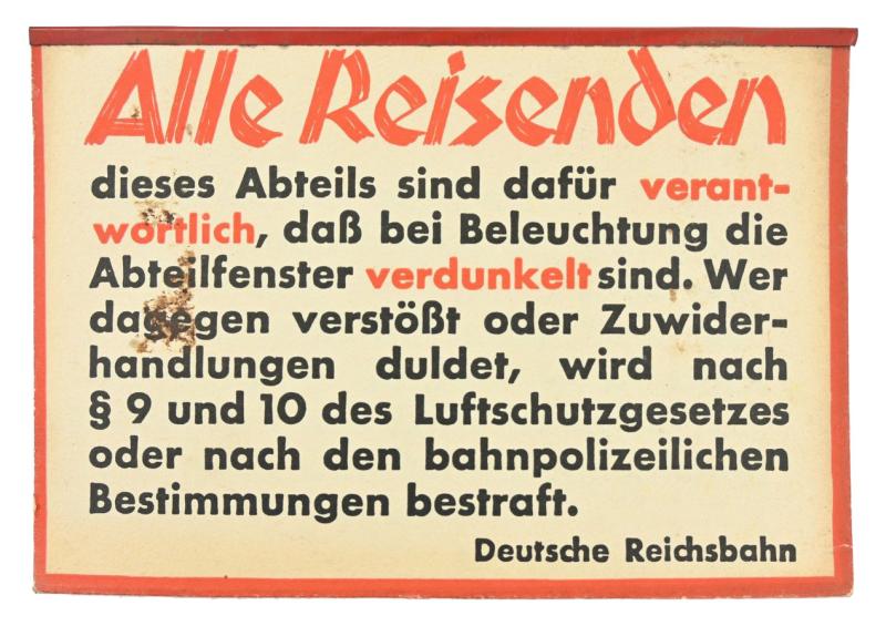 German Third Reich Reichsbahn Train Compartment Sign