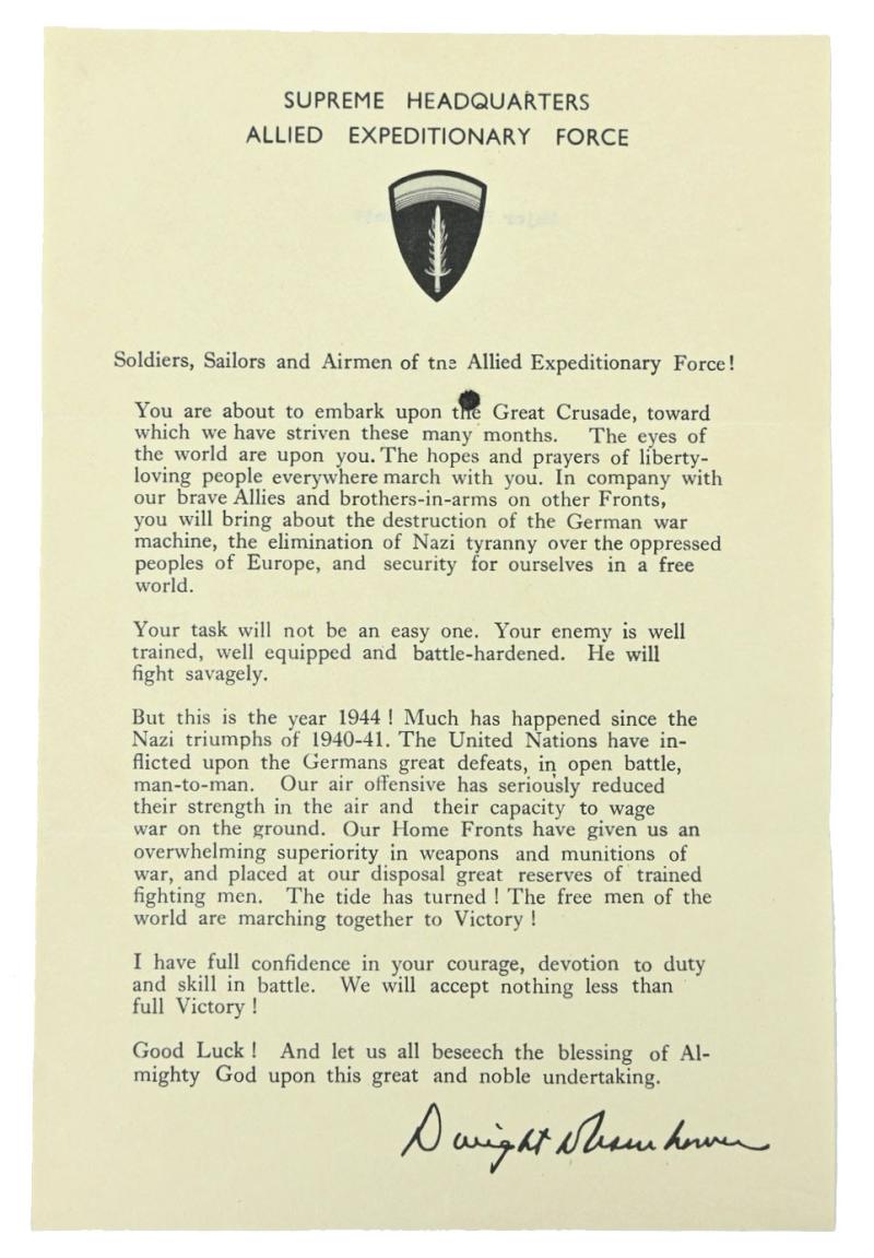 US WW2 Eisenhower D-Day Letter 6 June 1944 Major Benjamin E. Sackett